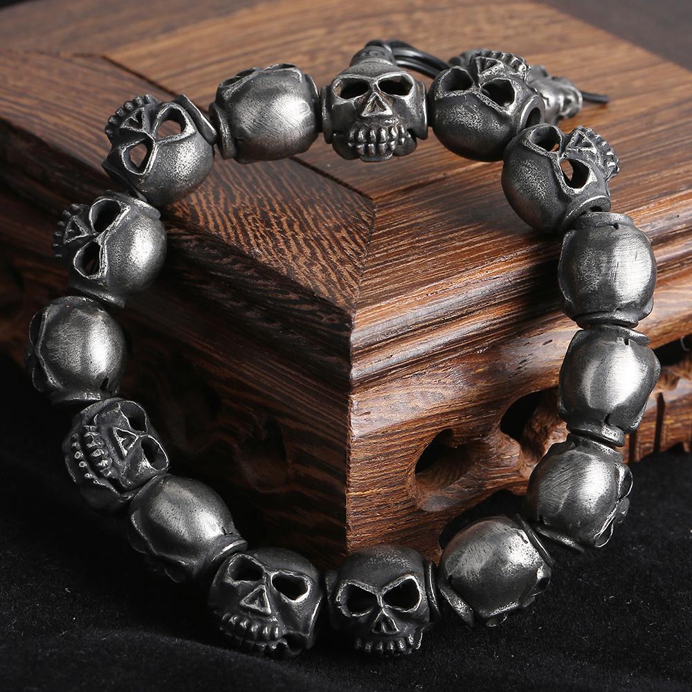 Brățară cu lanț din mărgele cu cap de craniu lucrată manual cool pentru bărbați, din oțel inoxidabil solid, pentru bărbați, brățări pentru bărbați, punk rock, bijuterii, accesoriu