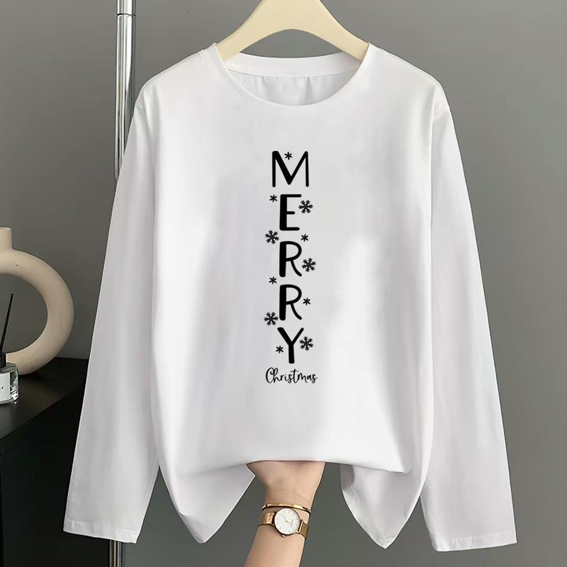 (Asian Size) Style Merry Christmas New Year Graphic Tee Women Autumn Winter Casual Fashion Top O-neck Clothing Print T Shirt Long Sleeve T-shirts