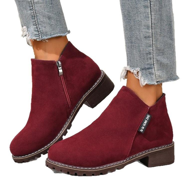 Autumn and winter new women's short boots 2025 foreign trade round head side zipper and bare boots square heel solid color large size women's shoes