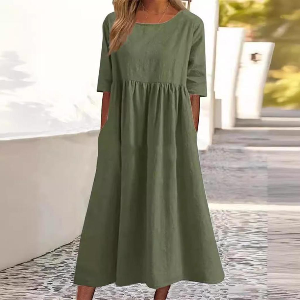 Women's Round Neck Short Sleeve Loose Casual Long Retro Dress