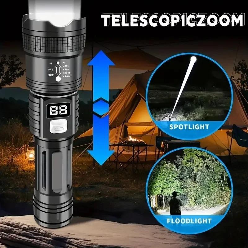 Torcia LED ad Alta Potenza Tipo-C Ricaricabile Torcia Zoomabile Luce per Campeggio all'Aperto Escursionismo Lampada Lanterna di Emergenza