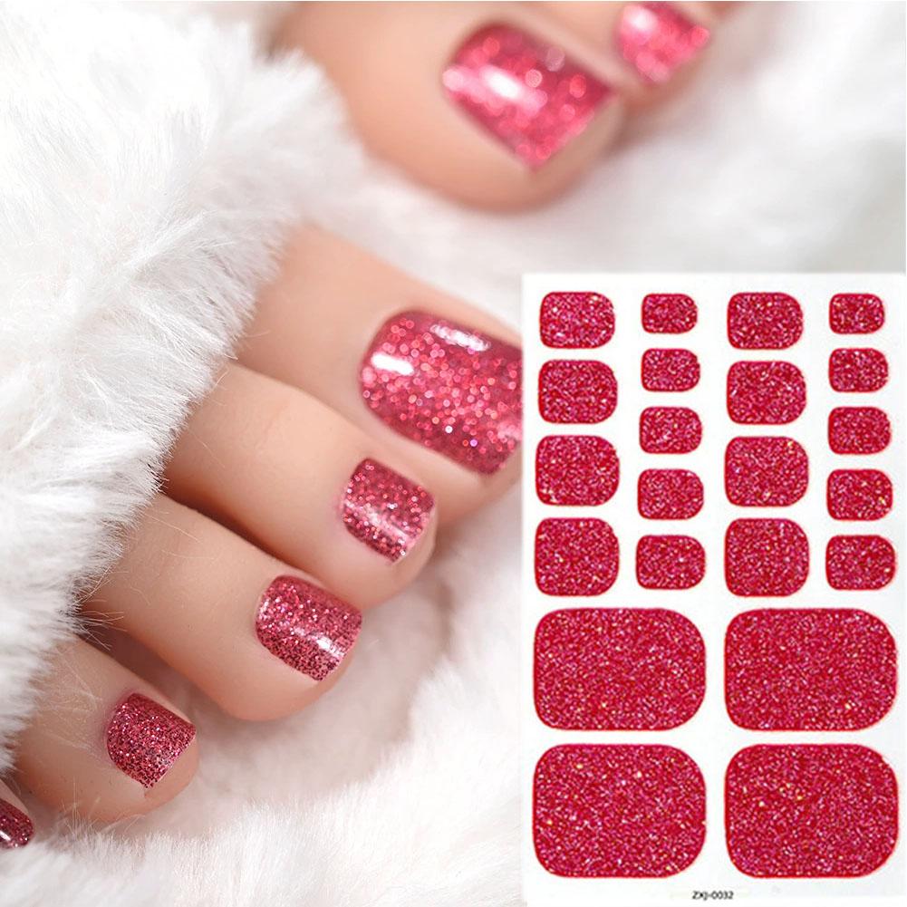 22Tips Vibrant Glitter Toenail Stickers Solid Color Full Cover Toenail Polish Strips Summer Self Adhesive DIY Foot Decals