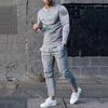 2Pcs/Set O-neck Long Sleeve Mid-rise Elastic Waistband Pockets Men Outfit Spring Autumn Solid
