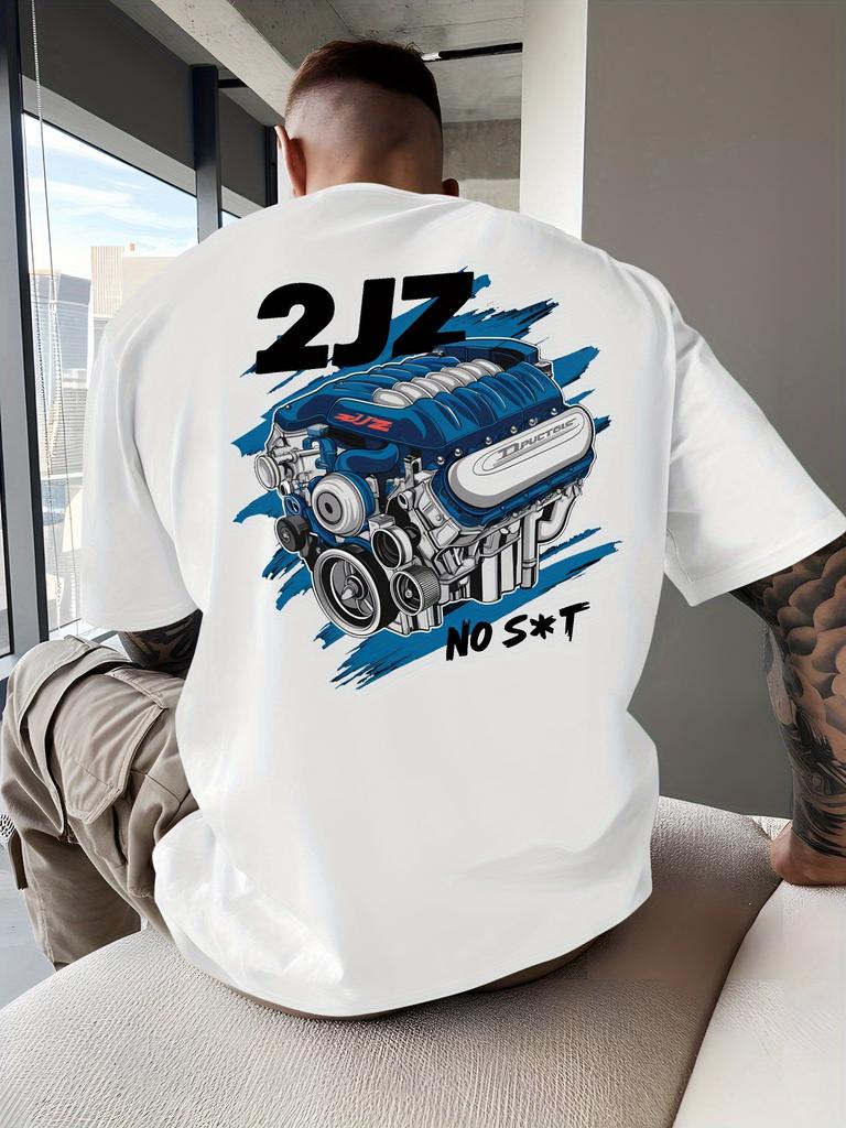 Motor Neues Herren Grafik T-Shirt 2JZ NORST Motor Rückendruck Marineblau Lässiges Kurzarm-T-Shirt Atmungsaktives Rundhals Sommer Oberteil
