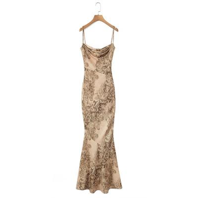 2025 Winter Gold Print Satin Slim Fit Long Evening Gown