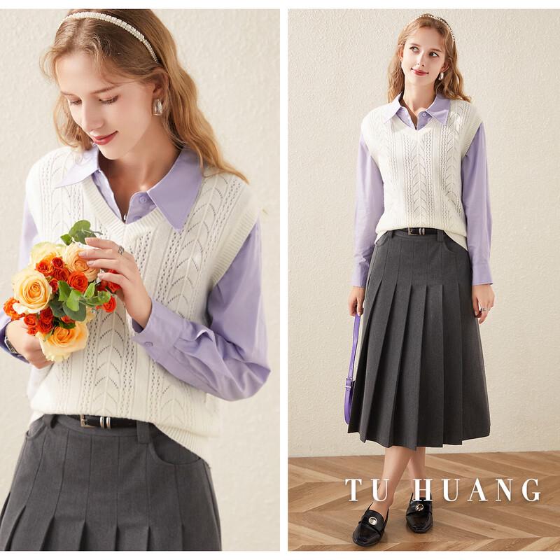 TUHUANG Women's Pure Wool V-Neck Knitted Vest