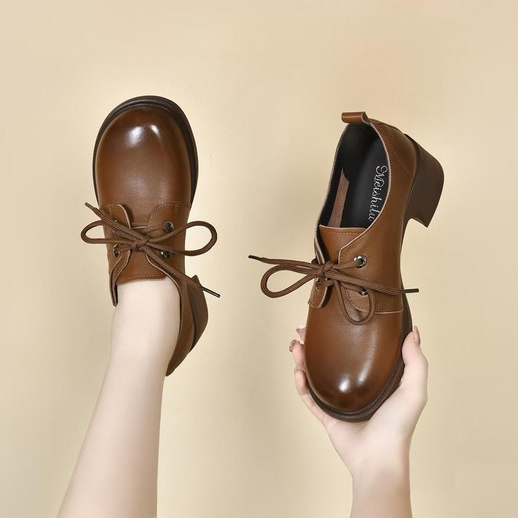 Round head small leather shoes women's autumn new mid-heel lace-up four-season small single shoes casual shoes