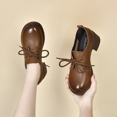 Okrągły nosek małe skórzane buty damskie jesień nowe średni obcas sznurowane cztery pory roku małe pojedyncze buty buty codzienne