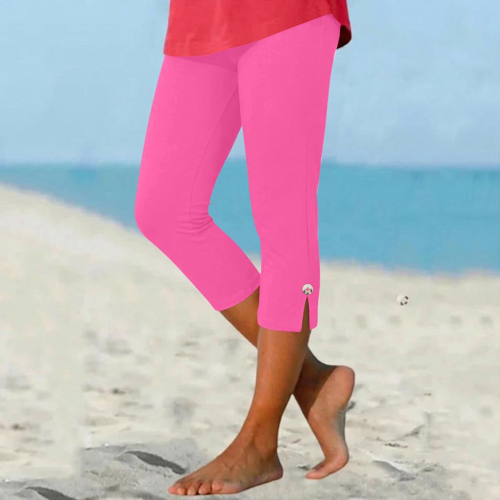 Women's Summer Fashion Color Elastic Waist Sports Yoga Button Casual Cropped Pants
