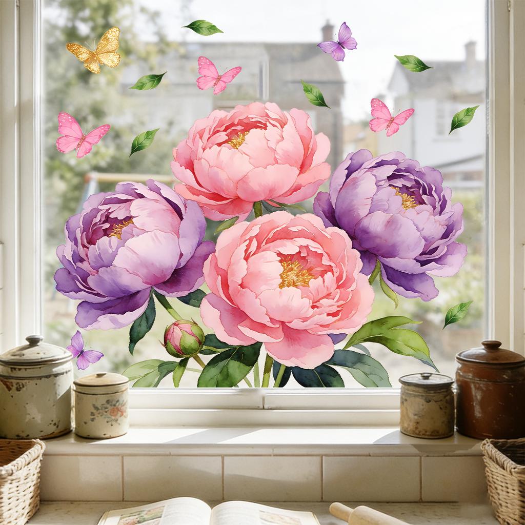 Creative Peony Butterfly Static Cling Window Glass Film Sticker for Bedroom Living Room Balcony Study Home Decor