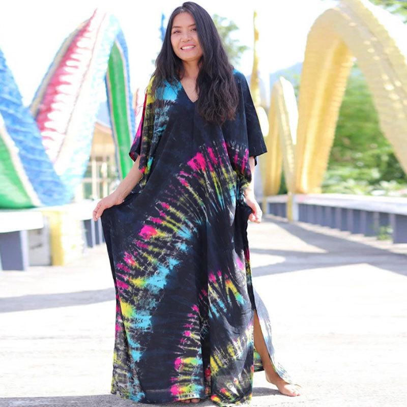 European & American Tie-dye Rayon Beach Dress: Loose, Long Seaside Vacation Robe & Bikini Cover-up with Sunscreen Shirt for Women
