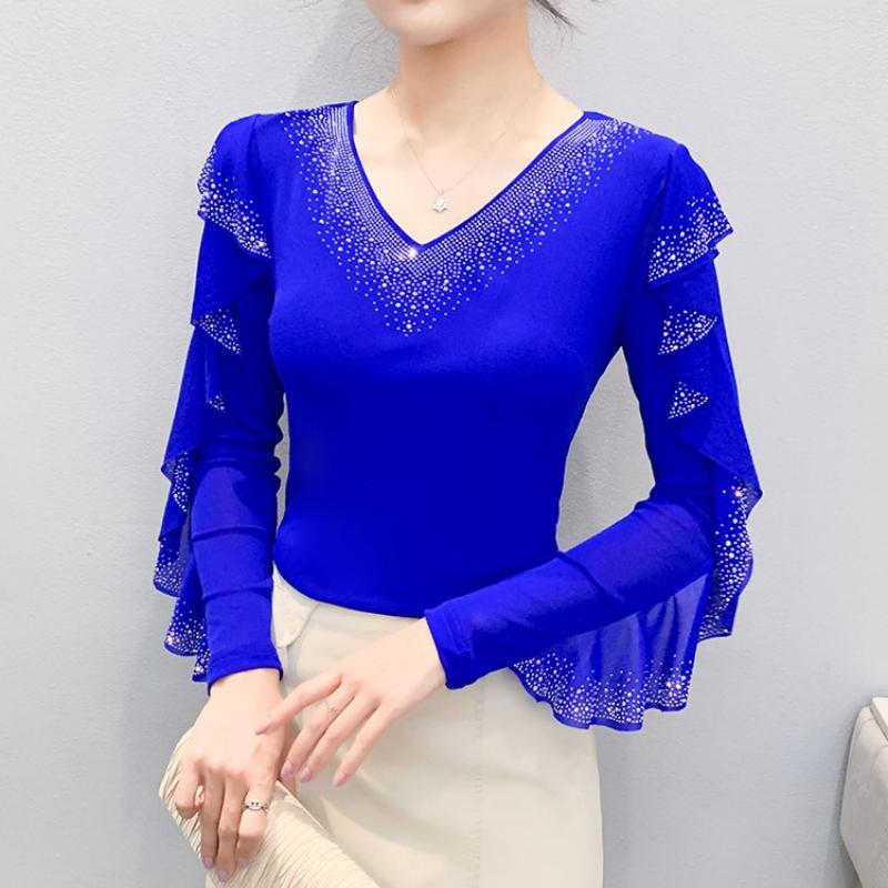 Spring Autumn Women's Ruffles Sleeve T-Shirt Elegant V-neck Tees Slim Ladies Tops With Rhinestone