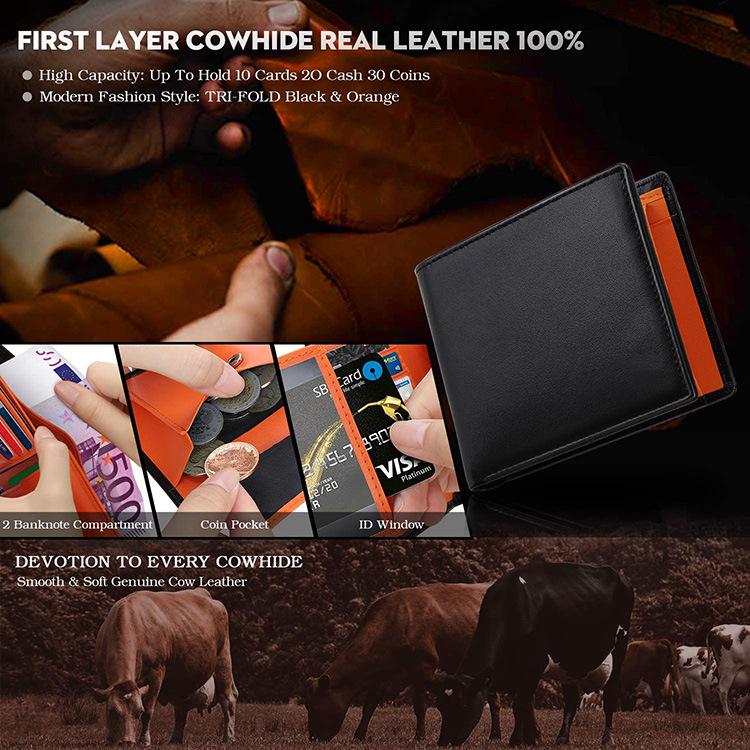 Men's Genuine Leather RFID Slim Wallet, Multi-card Holder with Coin Pocket, Fashionable Color Block Design