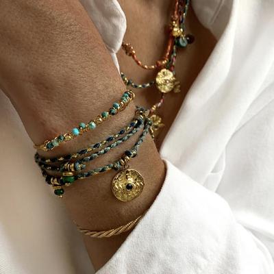 18K Gold Plated Bohemian Hammered Stainless Steel Bracelet with Natural Stone and Retro Braided Design