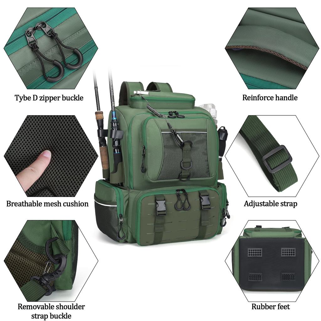 WANOON Fishing Backpack with Rod Waterproof Fishing Tackle Backpack with Hidden Shoulder Strap Holders,