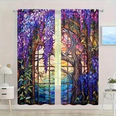2 pièces Rideau imprimé fleur glycine vitrail pour décoration intérieure, poche pour tringle, traitement de fenêtre pour chambre à coucher, salon