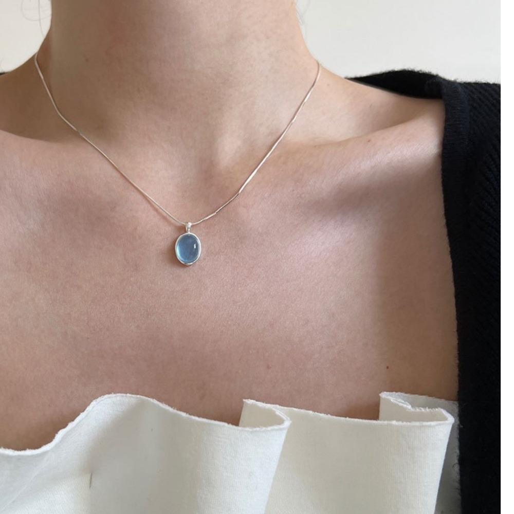 Exquisite Natural Blue Oval Opal Silver Color Stainless Steel Pendant Necklace for Women Charm Fashion Crystal Collar Jewelry