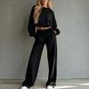 Women's Casual 2 Piece Outfit Set with Cropped Long Sleeve Sweatshirt and Wide Leg Pants