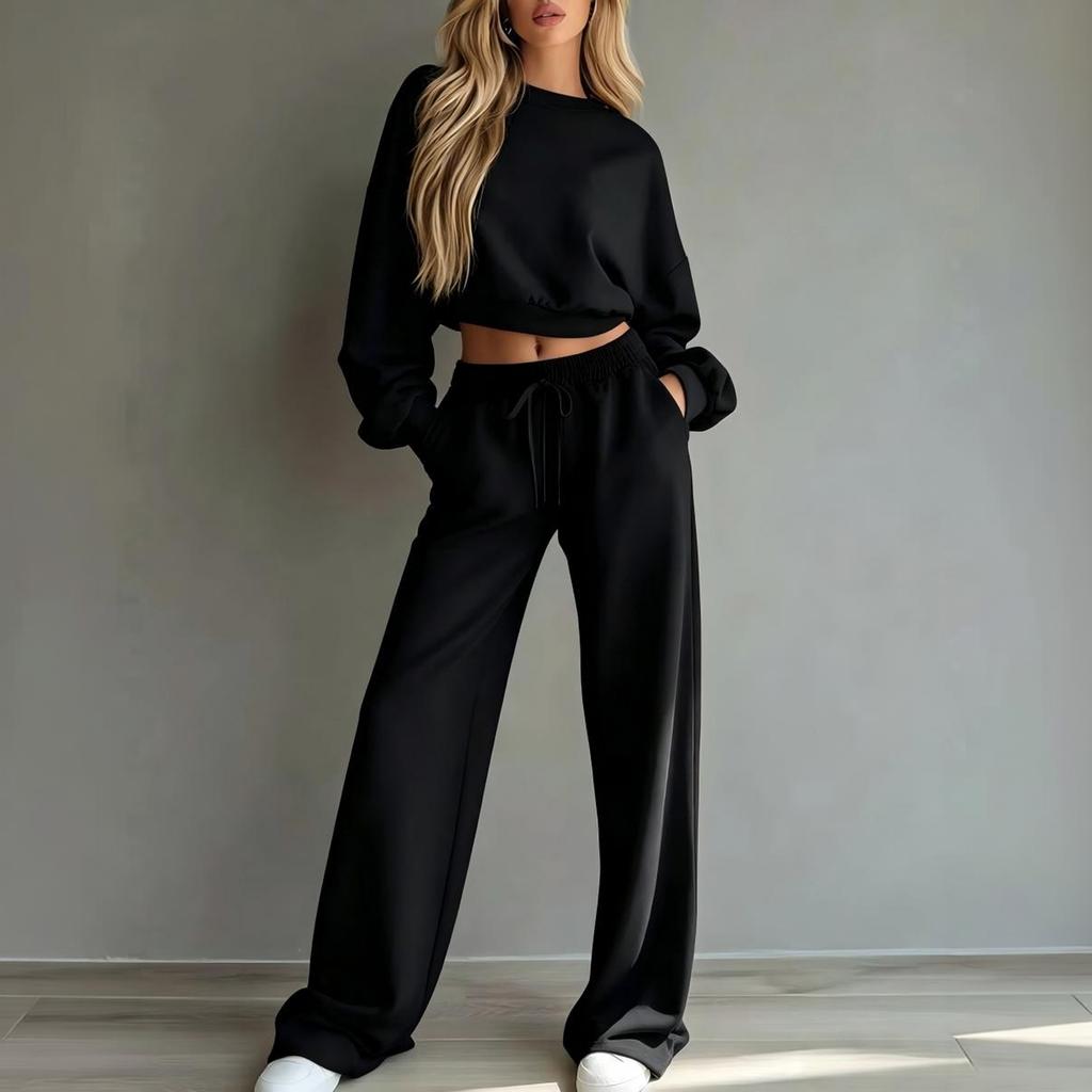 Women's Casual 2 Piece Outfit Set with Cropped Long Sleeve Sweatshirt and Wide Leg Pants