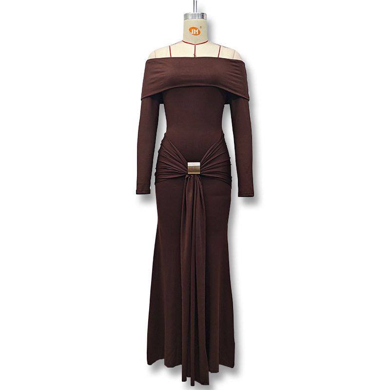 

Autumn and Winter New Fashion Women s Clothing, Solid Color Sexy One-Shoulder Dress with Metal Decoration, Waist-Cinching Tie, and Bodycon Design Brown S