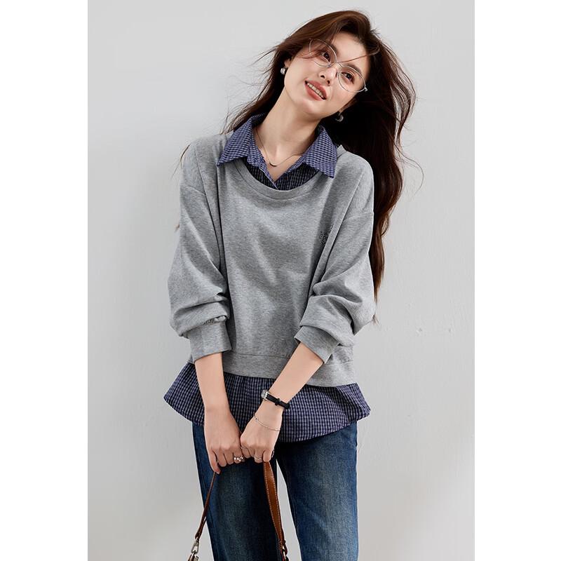 VICTORIA&VERA Women's Faux Two-Piece Plaid Sweatshirt