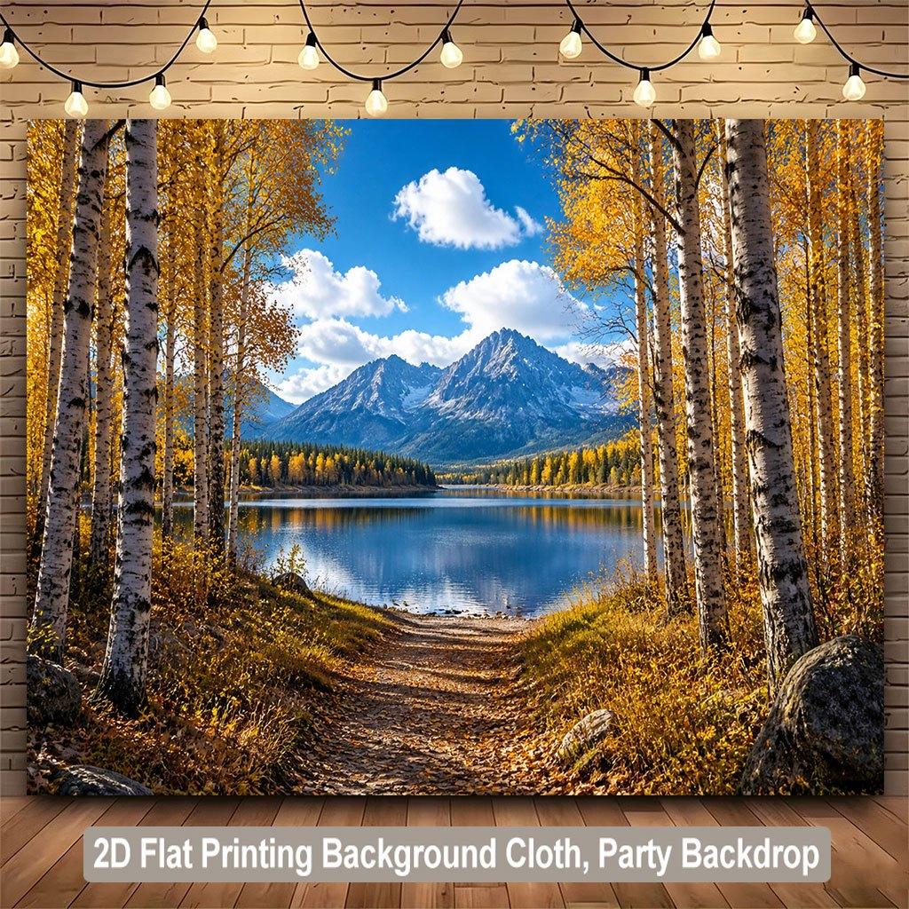 1 Piece of 2D Flat Background Fabric, Golden Leaves by the Lake In the Deep Autumn Scenery, Suitable for Party Use