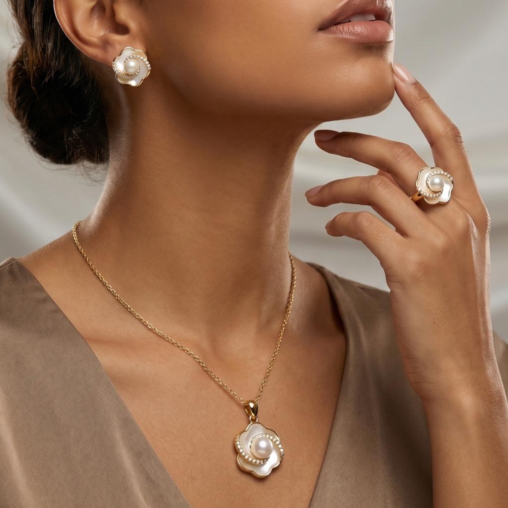Hot-selling Drip Rose Open Ring Stud Earrings Necklace Pendant Three-piece Set Pearl Accessories Jewelry Set