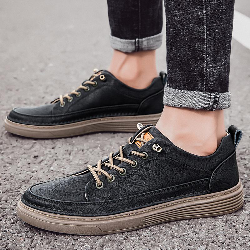 Nuevas Tendencias de Moda Casual para Hombre Zapatos de Cuero Suela Gruesa Zapatilla de Caña Baja Transpirable Suave Huella Exterior Antideslizante Zapatos Cómodos