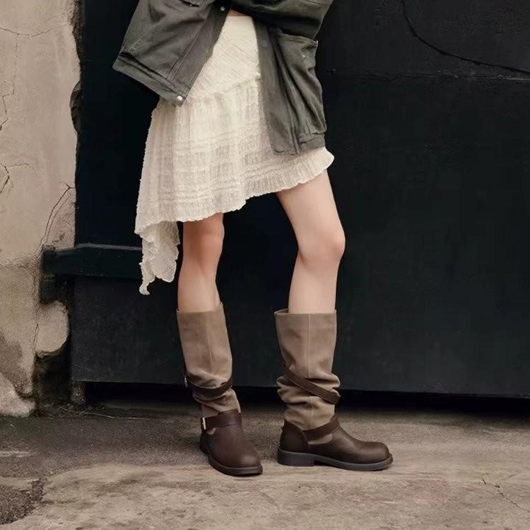 Inner Heightening Pile Western Boots Women'S Autumn New Double Buckle Knight Boots Thick-Soled Thick Heel Boots Women'S Tide