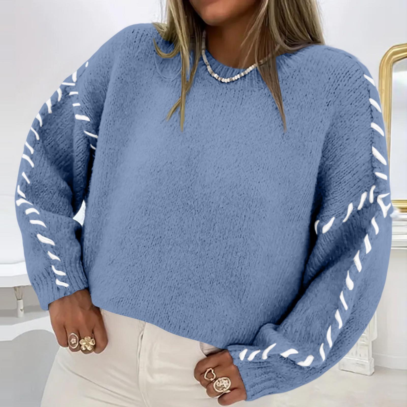 

Ladies Color Blocking Loose Casual Round Neck Knitted Sweater Long Sleeved Sweater Top L