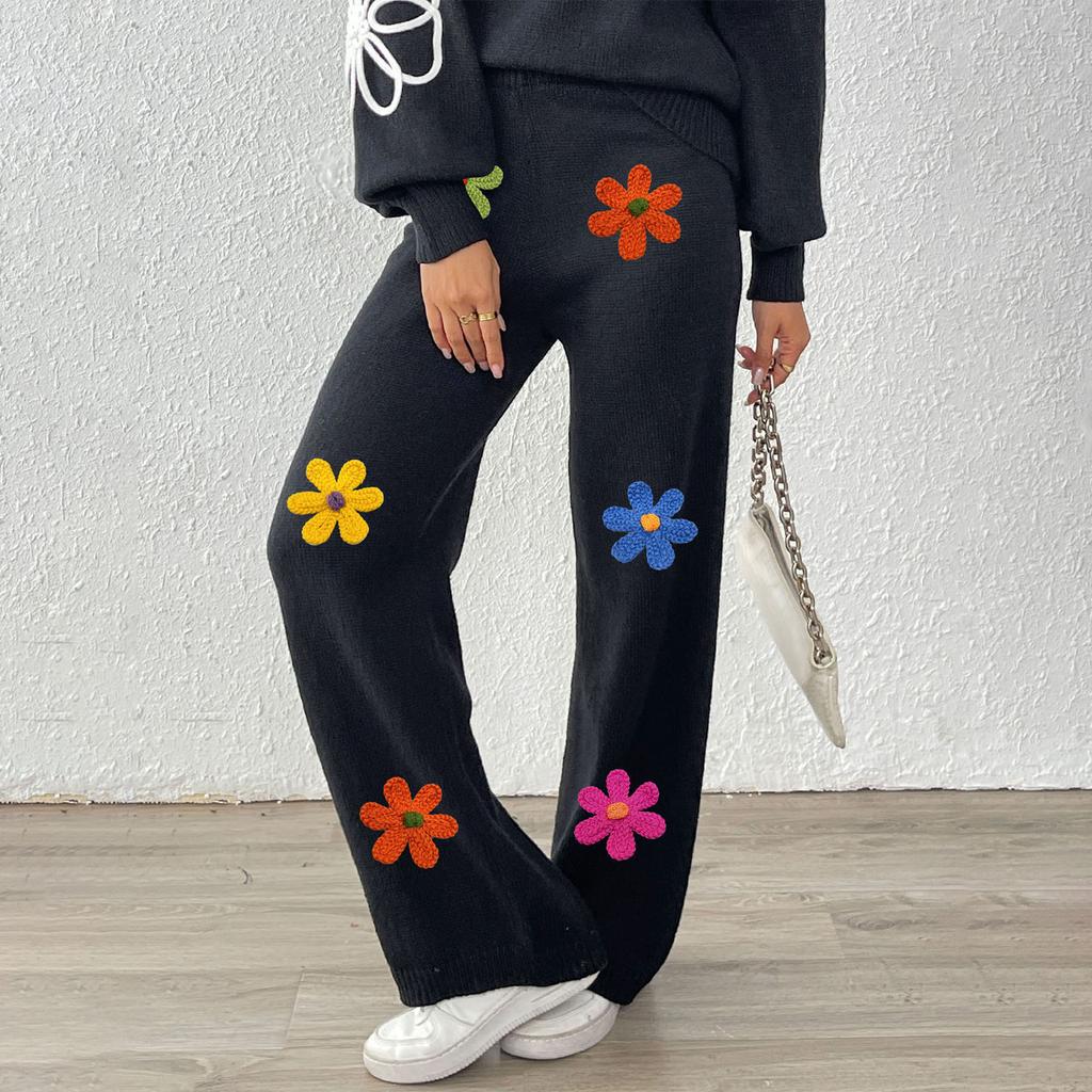 Women's Casual Embroidered Floral Patchwork Fashion Straight Leg Pants Wide Leg Pants Woven Wool Pants