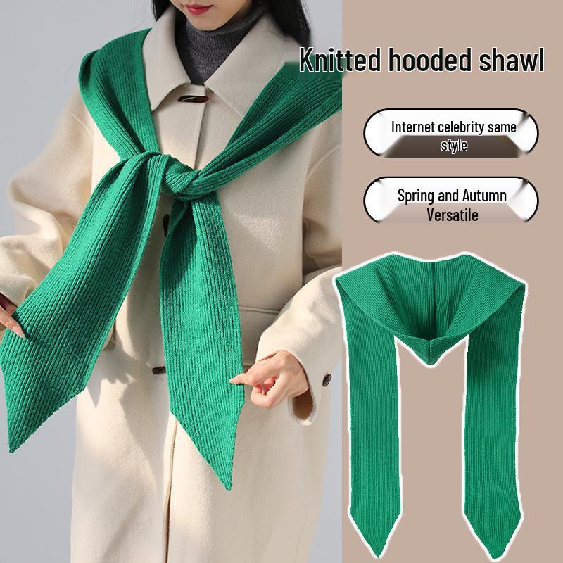 Women's Knit Wool Hooded Shawl: Solid Color, Windproof, Sun Protection, Versatile Neck Warmer for Autumn/Winter.