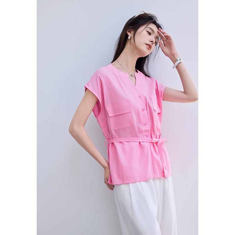 VICTORIA&VERA Women's Summer V-Neck Sleeveless Blouse with Adjustable Tie