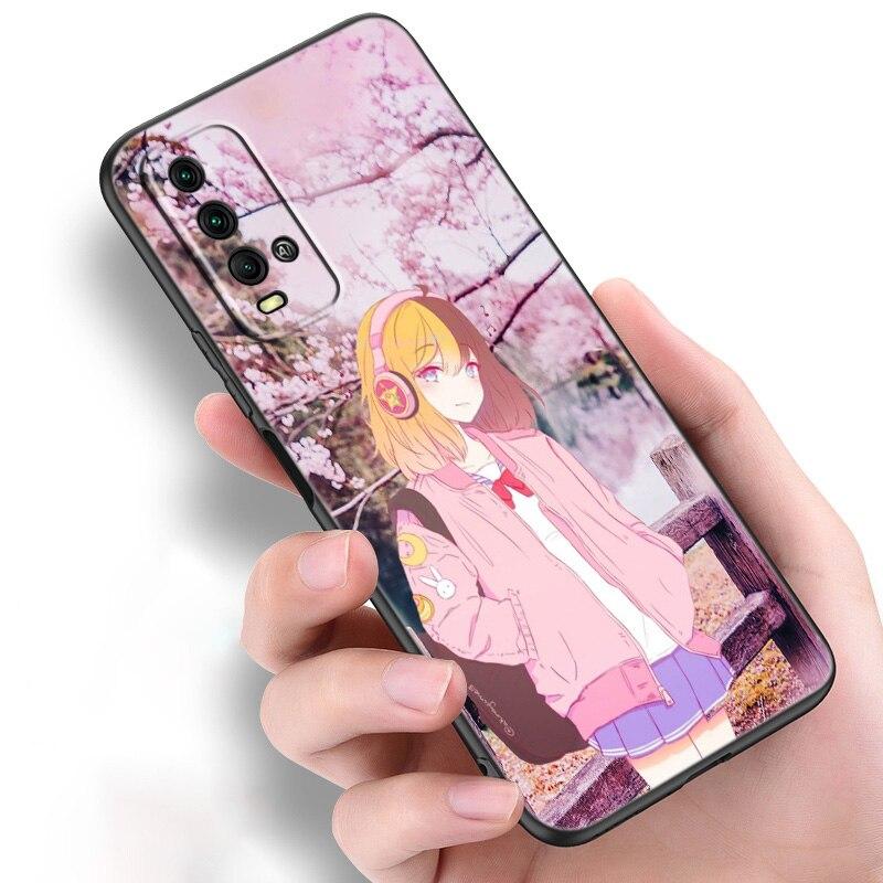 Japan rosa sakura anime mädchen Silikon Telefon Fall Für Xiaomi Redmi Hinweis 11 10 9 8 Pro 11T 10T 10S 9S 8T 9 9A 9C 9T Schwarze Abdeckung