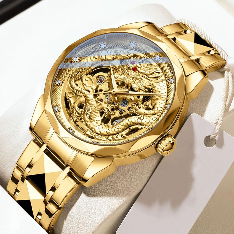 Gold 3D Dragon Dial Watches for Men Luxury Automatic Mechanical Watch Stainless Steel Strap Hollow-carved Wristwatches