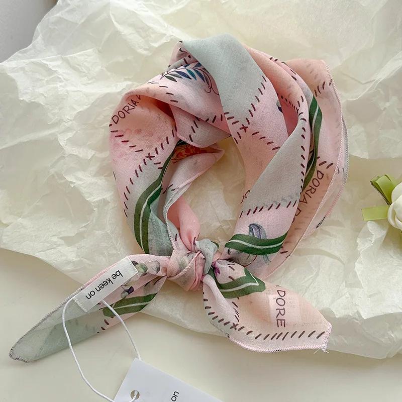Women's Silk Scarf Fresh Breathable Soft Artistic Decorative Small Silk Scarf Retro Versatile Floral Cotton Linen Square Scarf