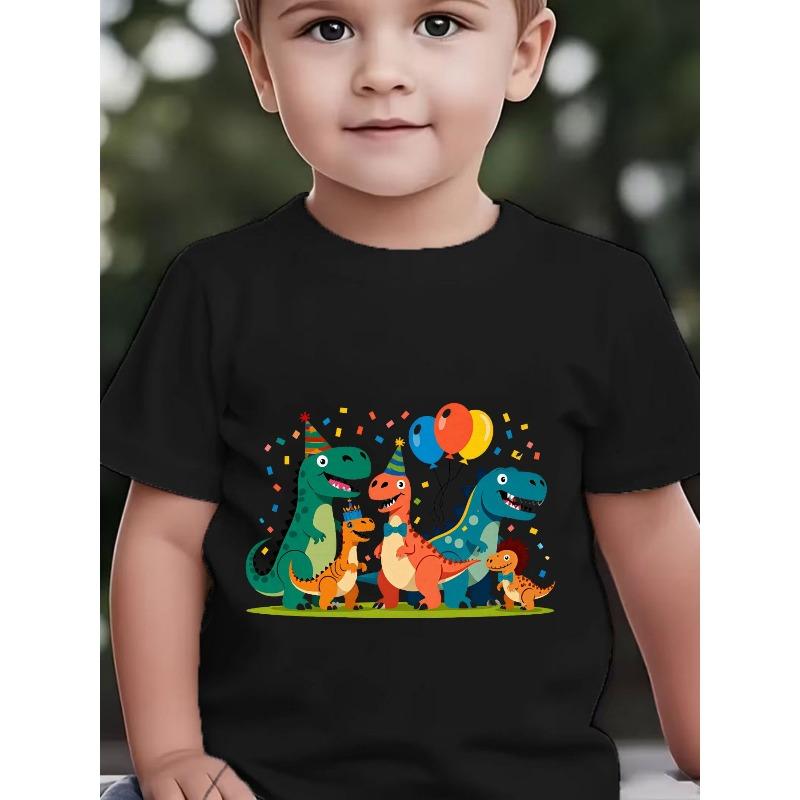 European Sizes Boys' Short-Sleeve Cartoon Dinosaur Party Theme Printed Top, Cute Colorful Dinosaur Birthday Balloon Element Baby T-Shirt
