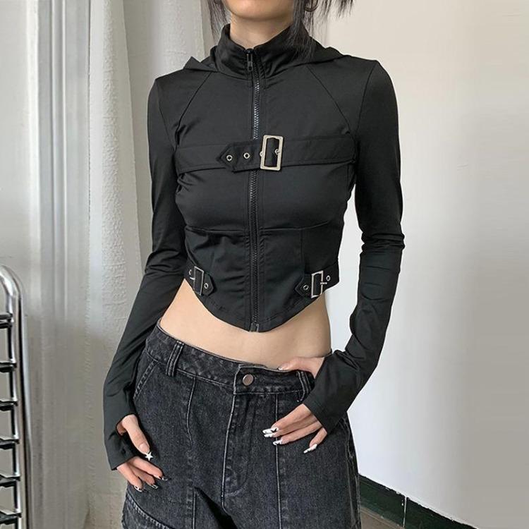 Sexy Y2K Dámské sportovní cyklistické topy s dlouhým rukávem, jednobarevné černé tričko se stojáčkem, atletický módní design pro dívky