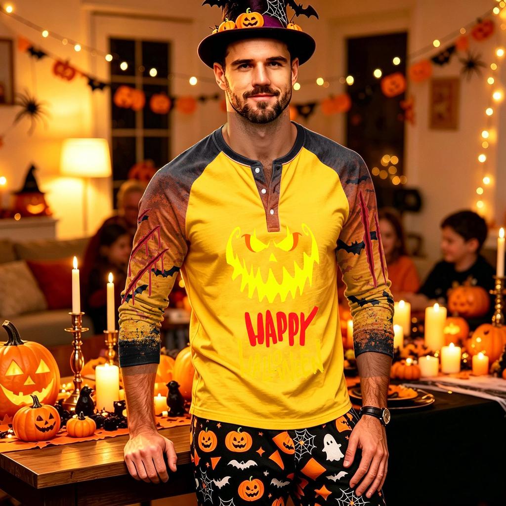 Men's Long Sleeve Shirt with Halloween Print for Holiday Parties and Casual Wear