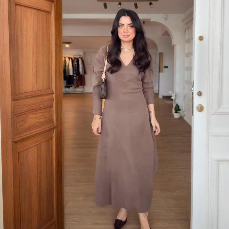

2025 Summer European & American V-neck Long Sleeve Slim Fit Women s Sexy Commuting Dress XS верблюд