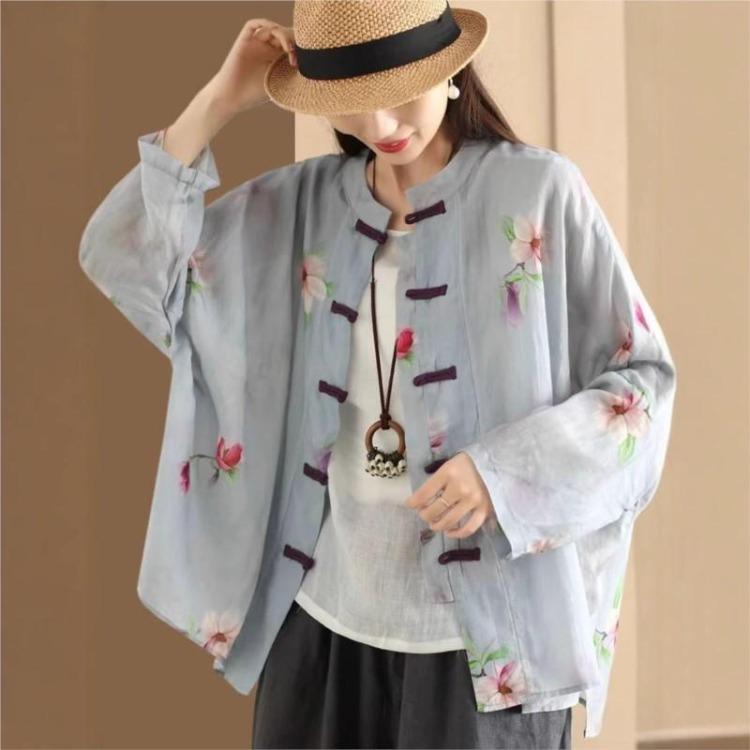 Chinese Style Bat Sleeve Shirt Vintage Women Blouse Floral Print Spring Top Loose Stand Button