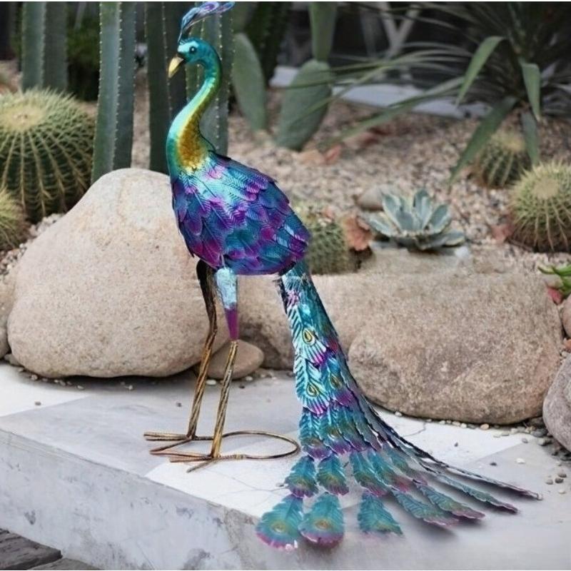 1pc Multicolor Metallic Peacock Statue Metallic Peacock Statue Outdoor Garden, Patio, Deck, Porch-Yard Art Decoration