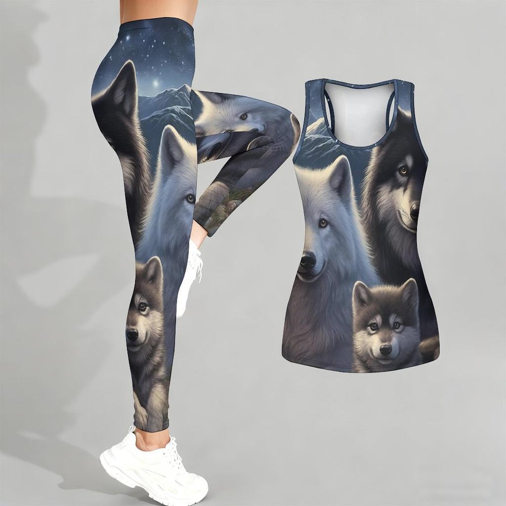 Cunning Wolf Pattern Print Yoga Outfit for Women Fashion Workout Leggings Fitness Sports Casual Yoga Set Sports Suit
