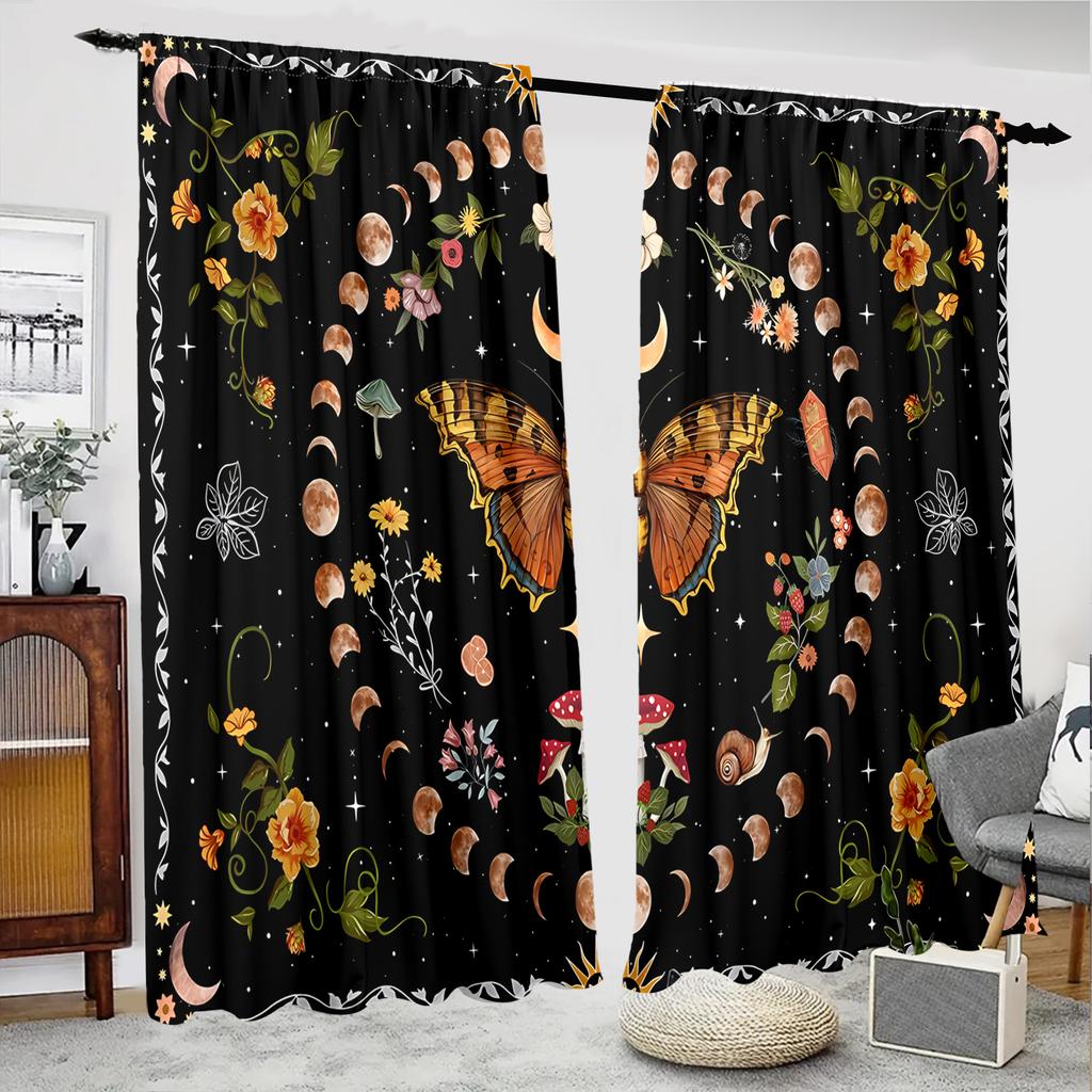 2 Pieces of Black Butterfly Pattern Printed Curtains   Bedroom and Living Room   Home Decoration   Room Decoration
