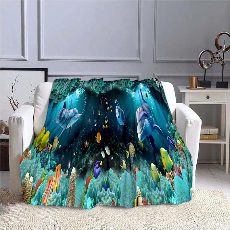 Ocean Dolphin Pattern Blanket Sofa Blankets for Beds Super Soft Warm Blanket Cover Flannel Throw Blanket Lightweight King Size