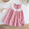 Girls Summer Red Plaid Sleeveless Dress Sweet Lace Collar Embroidered Princess Dress For Toddler Baby