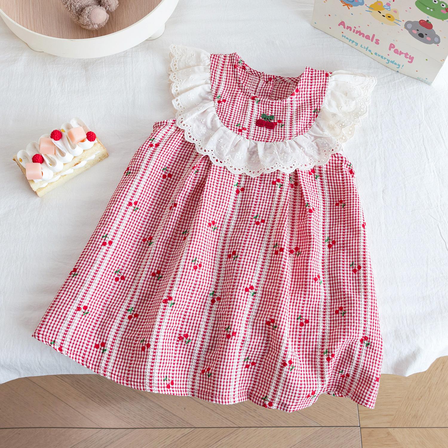 Girls Summer Red Plaid Sleeveless Dress Sweet Lace Collar Embroidered Princess Dress For Toddler Baby 90cm красный