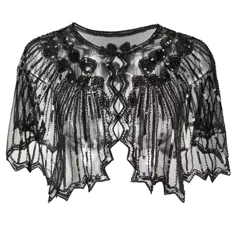 Vintage Flapper Shawl Sequin Beaded Short Cape Beaded Decoration Gatsby Party Mesh Short Cover Up Dress Accessory