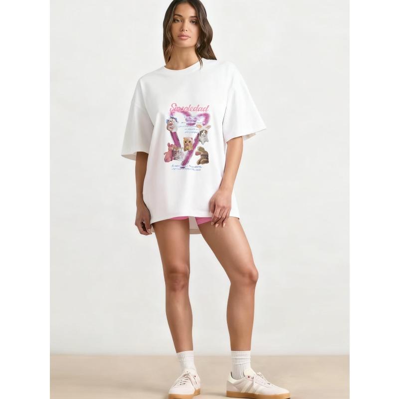 Oversized T Shirt Black Sinsoliedad Text And Cute Animal Characters Print Casual Streetwear For Women
