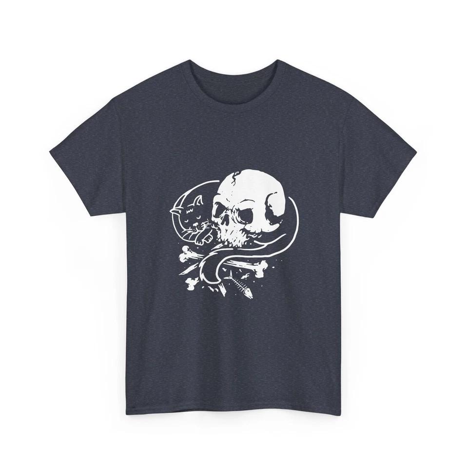 Skull and Cat T-Shirt | Skull Illustration T-Shirt, Cool Comfy Cotton T-Shirt S